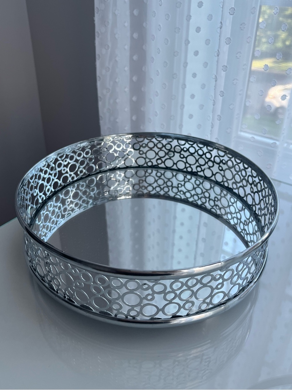 Polished Silver Mirrored Vanity Tray with Circular Cutout Rim